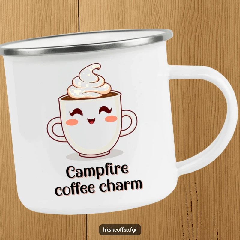 Funny camping mug featuring a steaming coffee cup character winking with cream, perfect for rustic brews and outdoor coffee enjoyment.