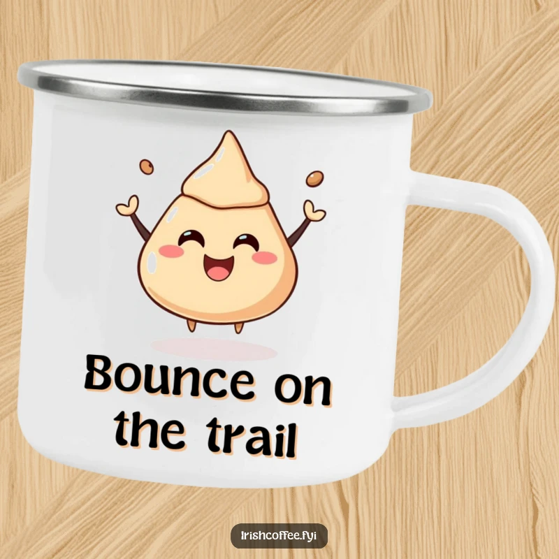 Funny camping mug with a coffee liquor dollop happily bouncing, perfect for outdoor fun.