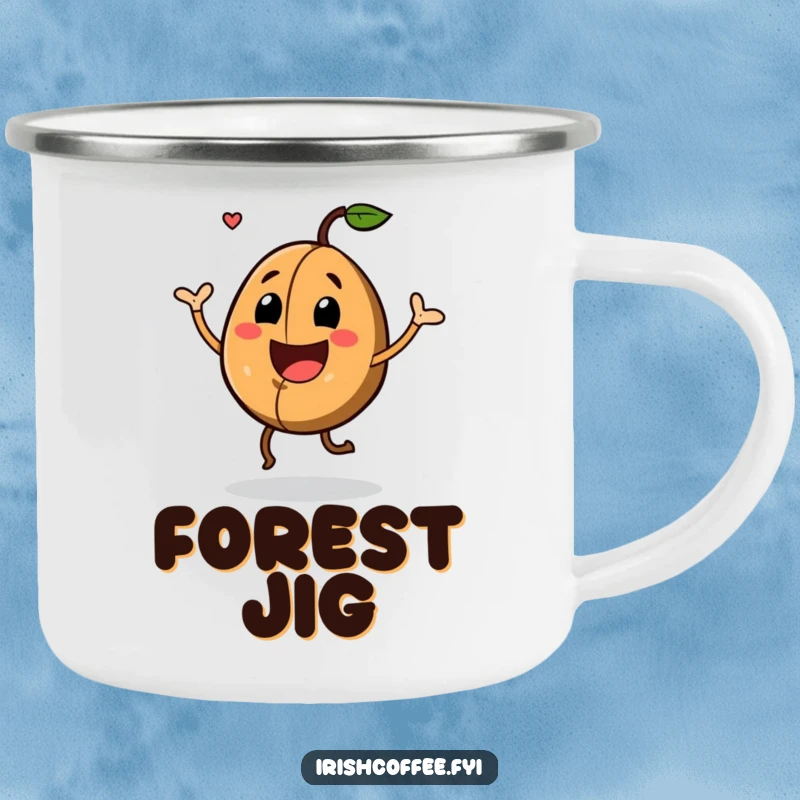 Funny Camping Mug with a joyful coffee bean doing a happy jig, perfect for bringing energy to outdoor trips.