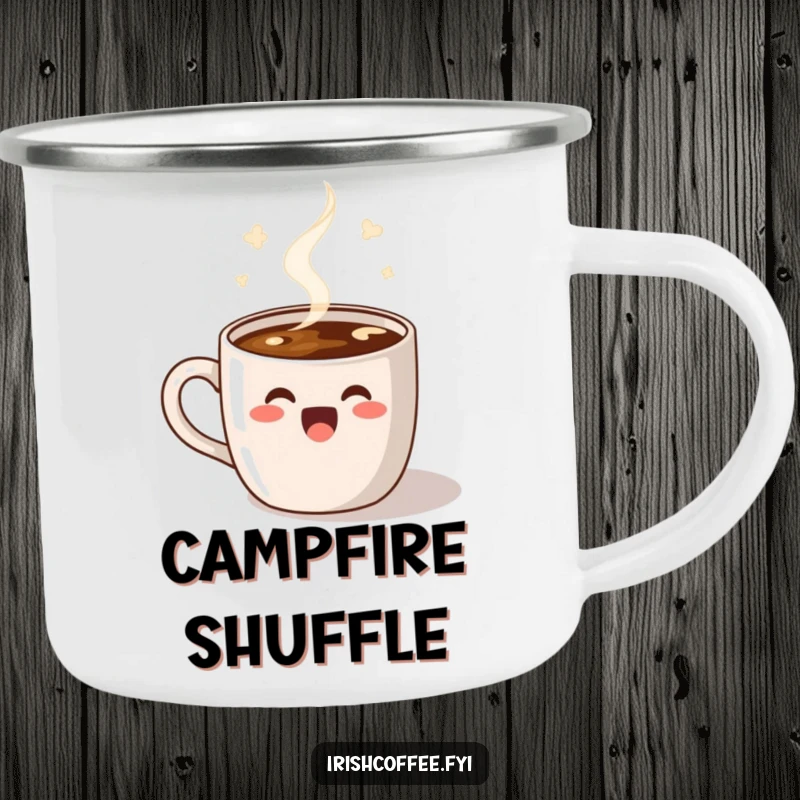 Funny Camping Mug with a delighted coffee mug and steam doing a happy dance, perfect for bringing energy to outdoor trips.