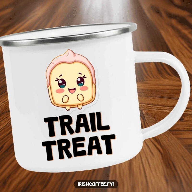 Funny camping mug featuring a delighted pastry shard bobbing, bringing portable sweetness and baked-good humor to your adventures.