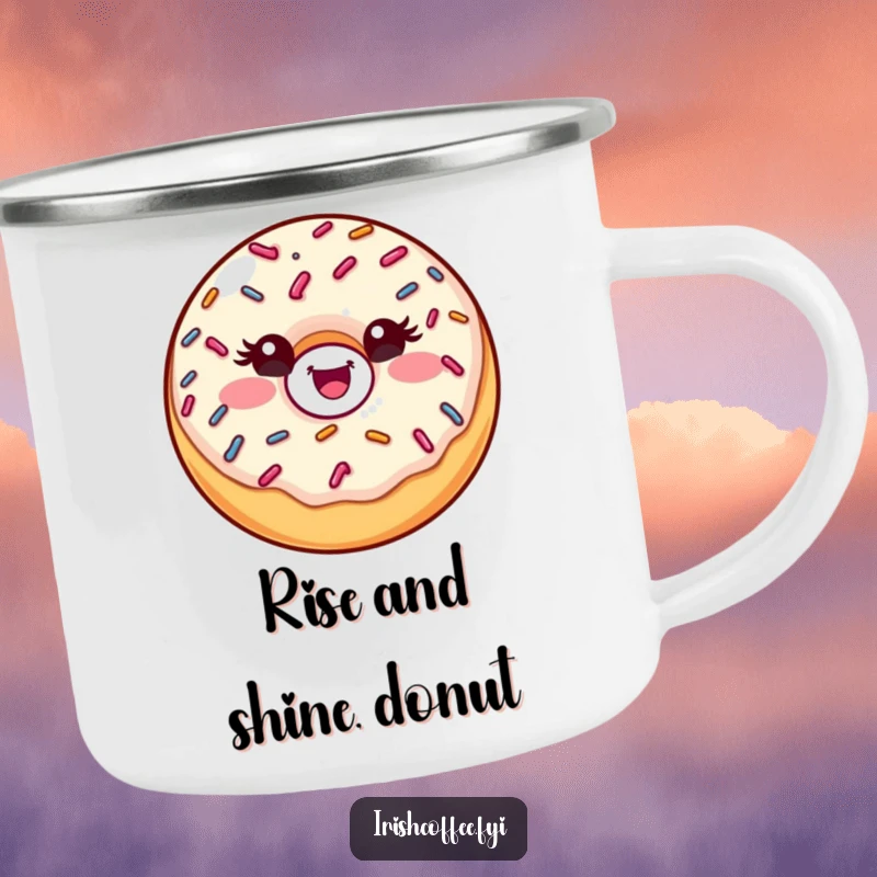 Funny donut camping mug featuring a winking sprinkle donut, durable and humorous for outdoor use.