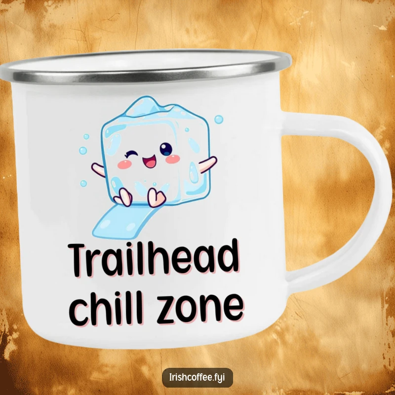 Funny camping mug with a delighted ice cube character mid-slide, offering cool refreshment and durability.