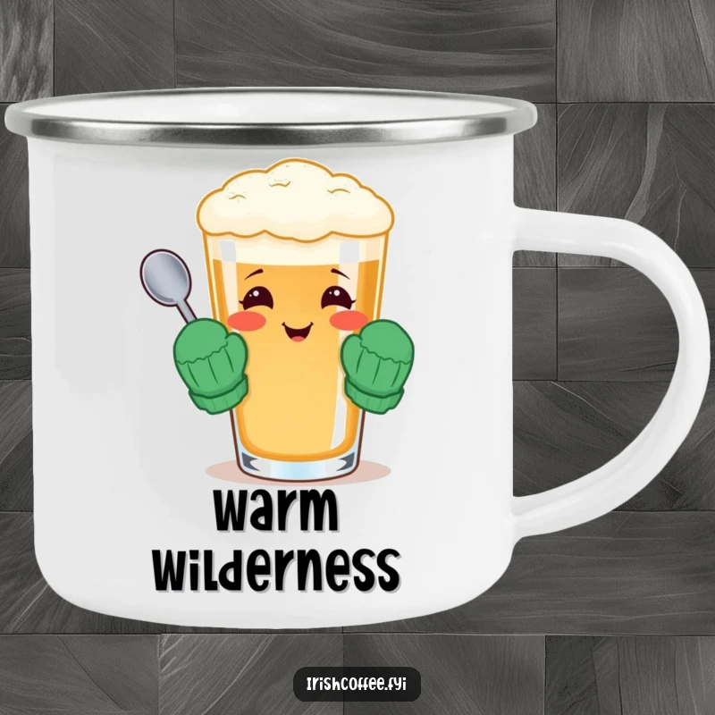 Funny camping mug with a cheerful Irish coffee glass wearing tiny mittens and holding a spoon, perfect for outdoors.