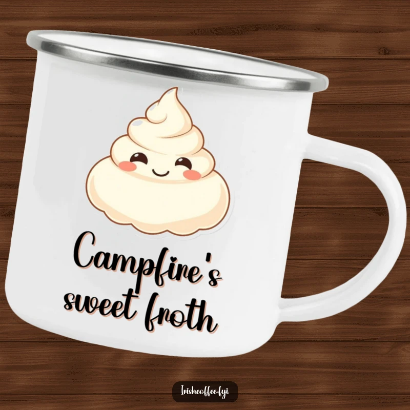 Funny camping mug featuring a smiling dollop of cream, built for outdoor fun and sweet laughs.