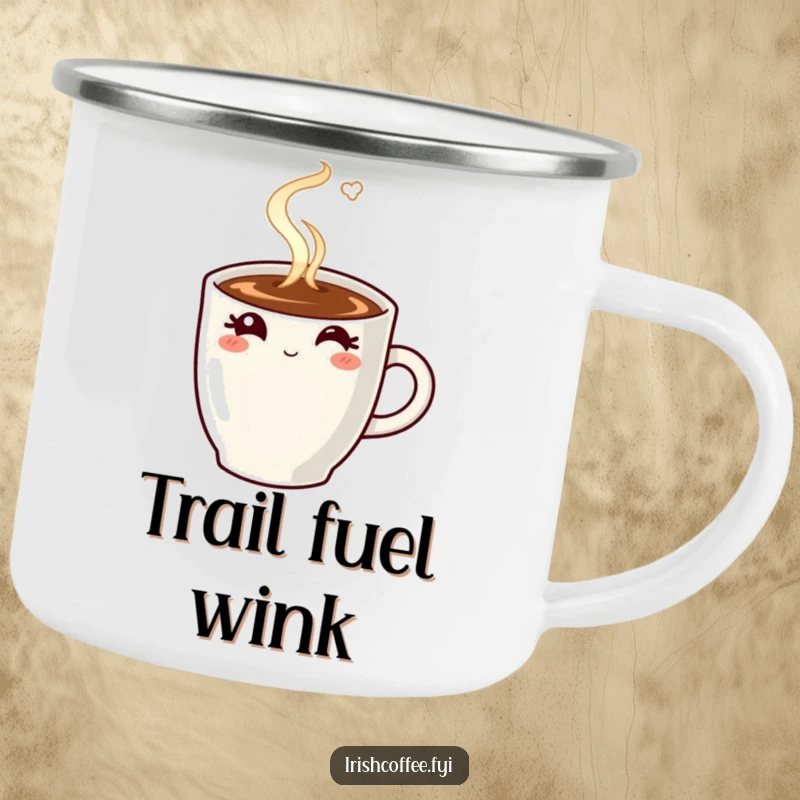 Funny camping mug featuring a steaming coffee mug winking, built for outdoor adventures and laughs.
