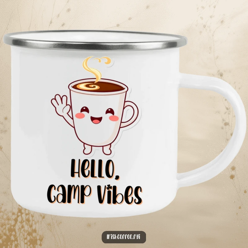 Funny smiling coffee cup character waving a happy greeting, durable camping mug for outdoor enjoyment.