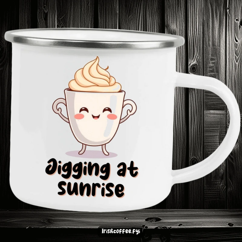 Funny camping mug with a happy coffee cup character performing a lively jig with swirling cream, designed for outdoor morning enjoyment.
