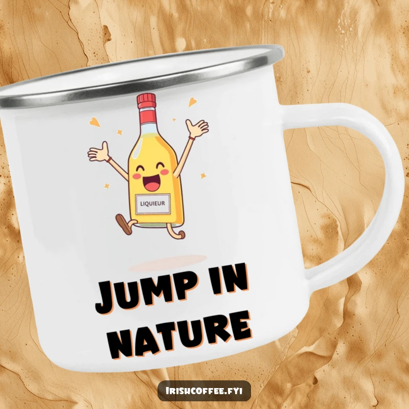 Funny camping mug with a delighted liqueur bottle leaping joyfully in celebration, perfect for outdoor adventures.