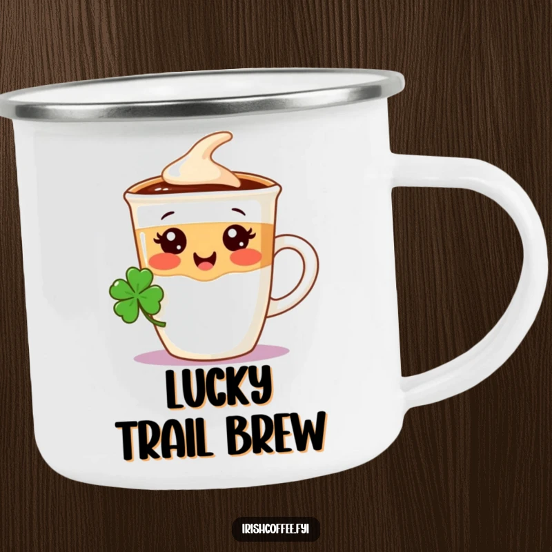 Funny enamel camping mug featuring a cheerful coffee cup character wearing a tiny shamrock, perfect for outdoor brews.