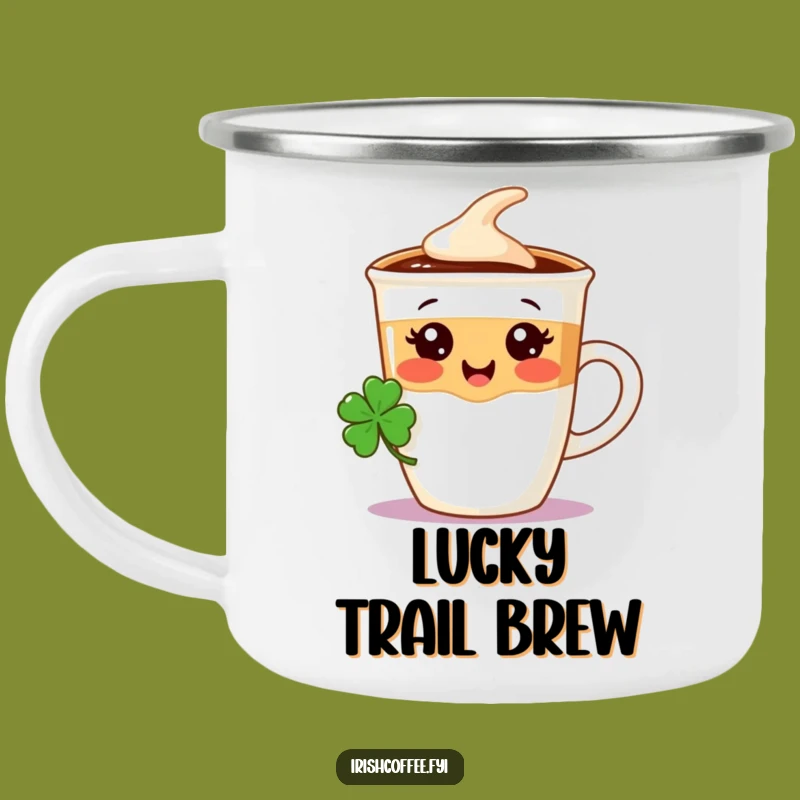 Durable Funny Coffee Cup Camping Mug - Shamrock Character, Outdoor Irish Gift