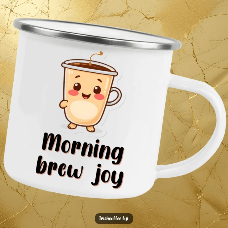 Funny happy coffee cup character offering a warm, inviting smile, durable camping mug for adventures.