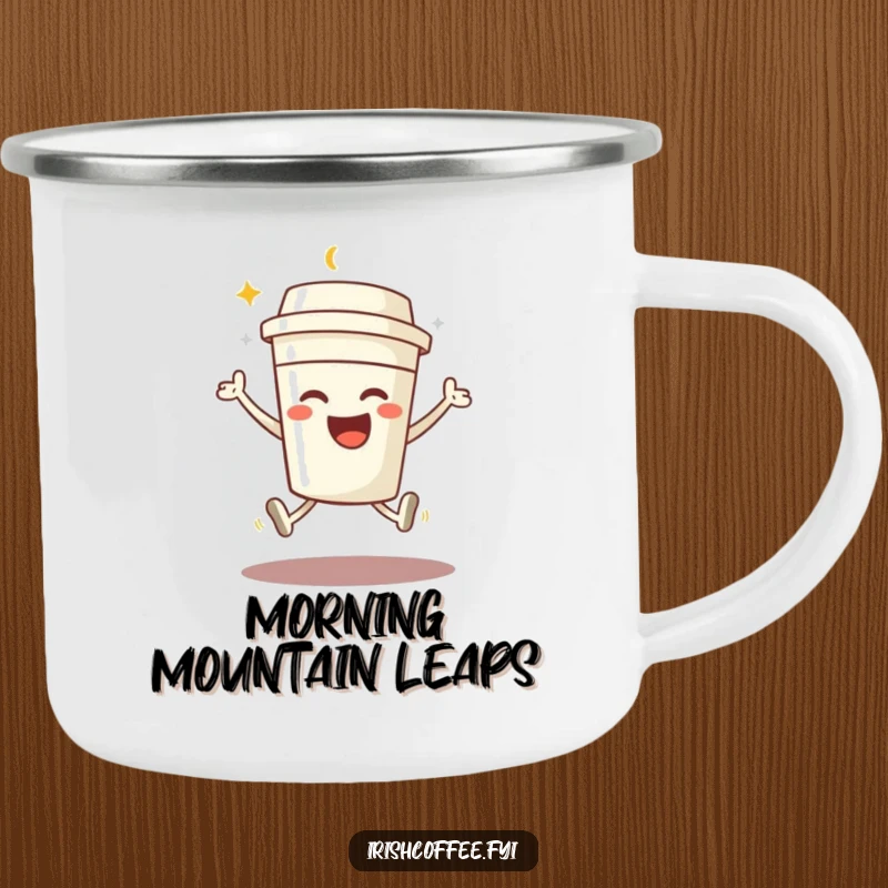 Funny enamel camping mug with a beaming coffee cup character in a joyful jump, for energetic outdoor coffee enjoyment.
