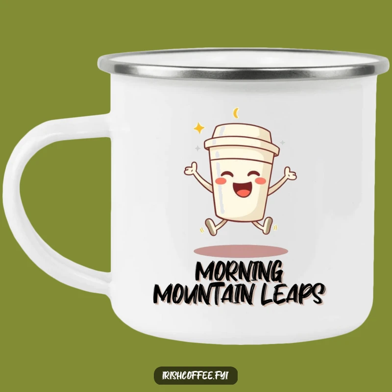 Funny Coffee Jump Camping Mug: Beaming Character, Outdoor Humor Gift