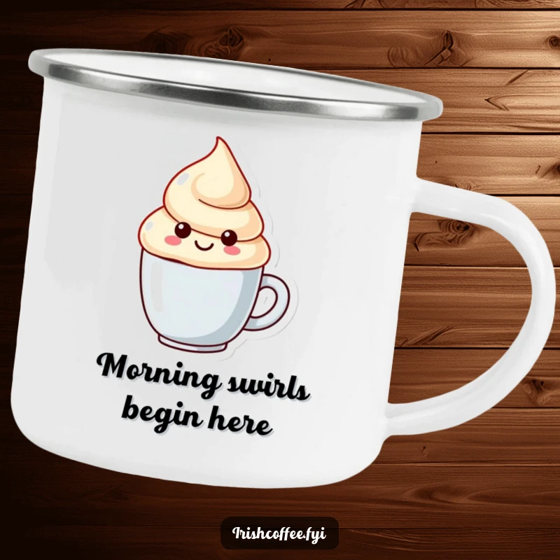 Funny camping mug with a happy cream dollop character and a playful swirl, built for adventure and amusement.