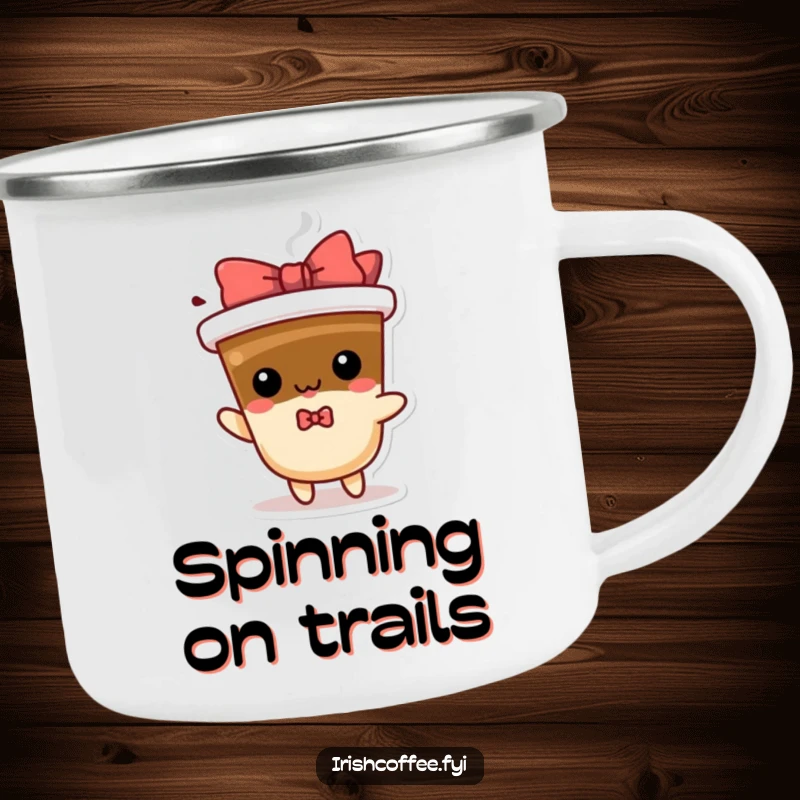 Funny spinning coffee camping mug with a playful character and bow, perfect for enjoying beverages during outdoor activities.