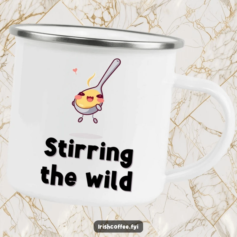 Funny Camping Mug: A cheerful teaspoon stirring amidst nature, bringing playful vibes to outdoor adventures. Durable and humorous.