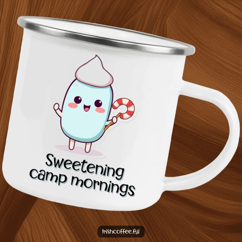 Funny enamel camping mug featuring a playful stir stick character offering a tiny candy cane, perfect for outdoor enjoyment.
