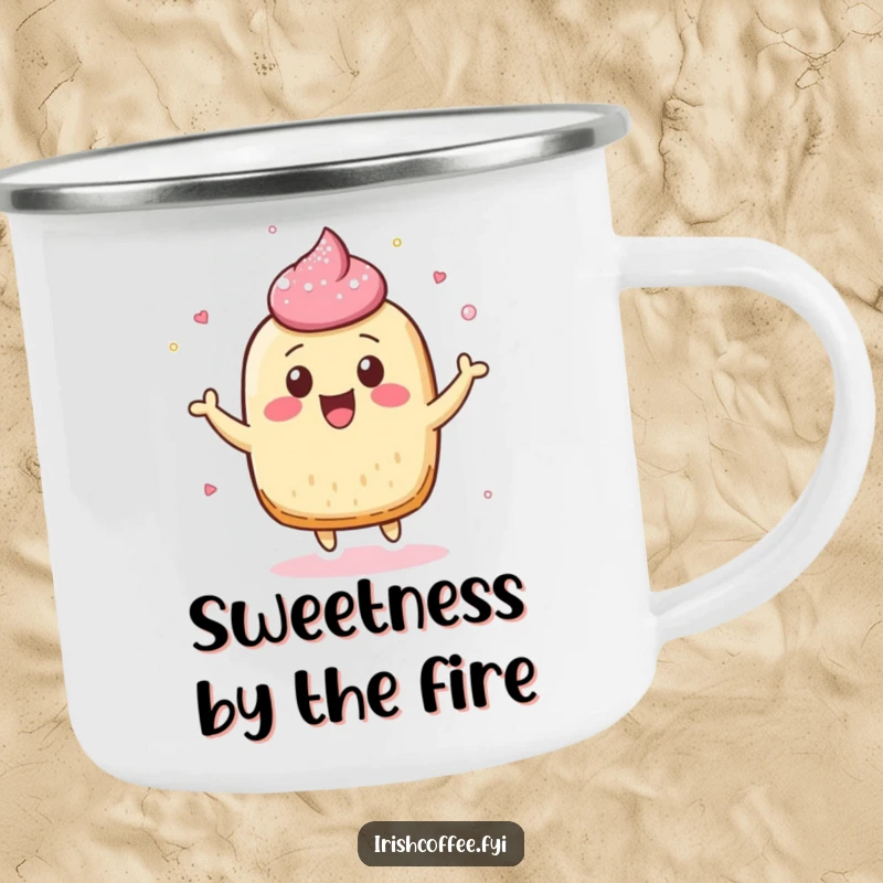 Funny camping mug with a cheerful pastry character bouncing playfully, its sugar dusting adding a sweet touch.