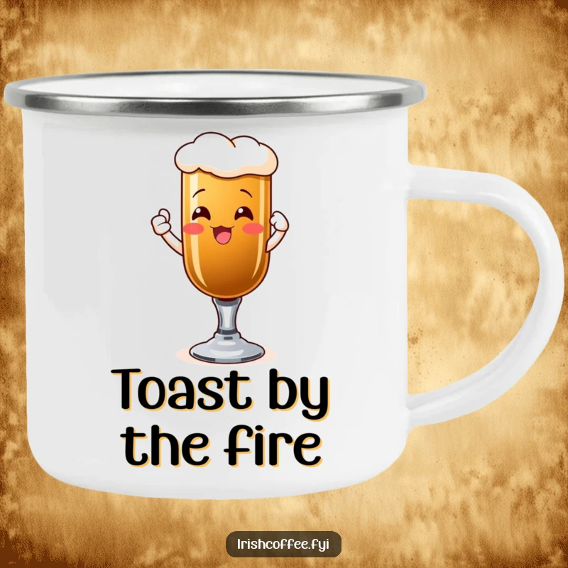 Funny camping mug with a beaming Irish coffee glass raising a toast, perfect for outdoor celebrations.