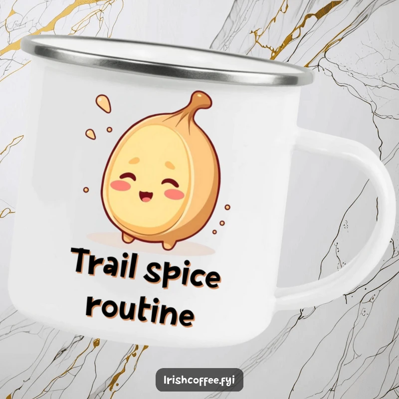 Funny camping mug with a winking nutmeg character grating itself, perfect for outdoor drinks with sassy humor.