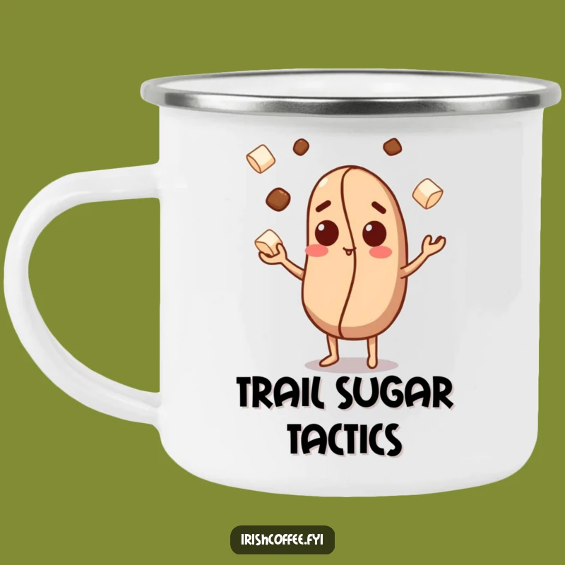 Funny Coffee Bean Camping Mug: Curious Character Juggles Sugar Cubes, Outdoor Funny Gift!
