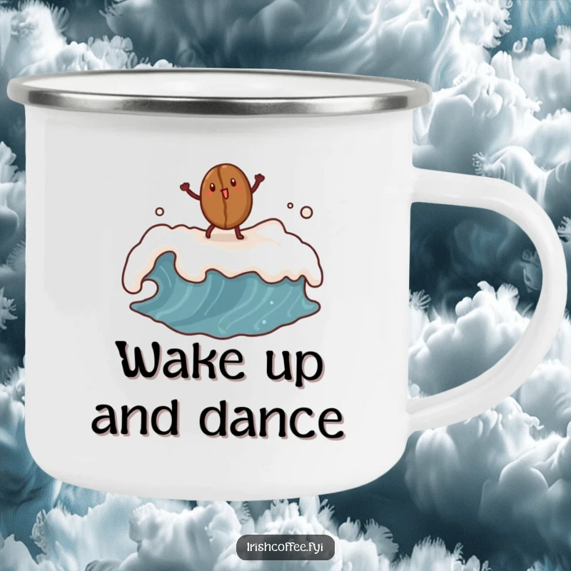 Funny coffee bean camping mug featuring a dancing bean on a frothy wave, durable and humorous for outdoor use.