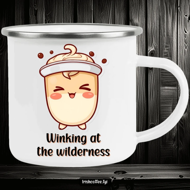 Funny coffee character camping mug winking mischievously, ideal for outdoor adventures and humorous sipping with a secret.
