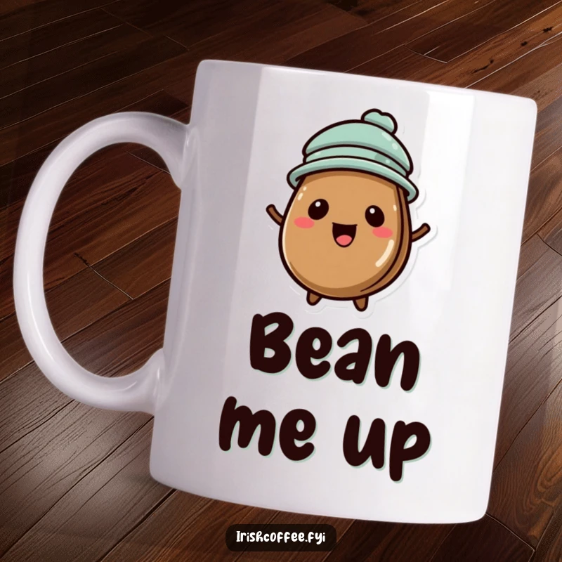 Funny mug with a cute coffee bean happily wearing a tiny hat, looking delighted and charming.