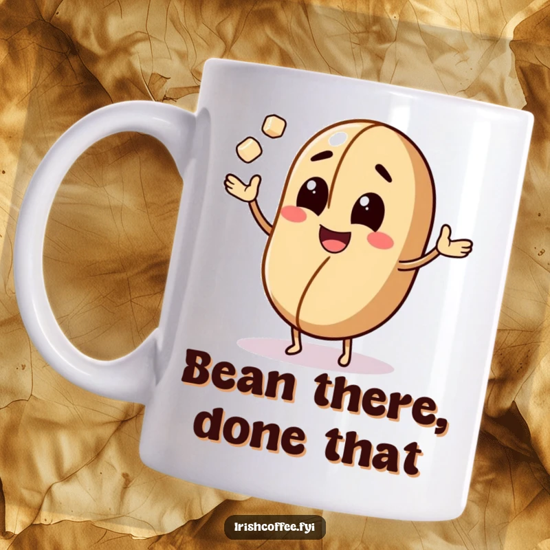 Funny mug featuring a cheerful coffee bean character smiling and juggling small sugar cubes, embodying caffeinated fun.