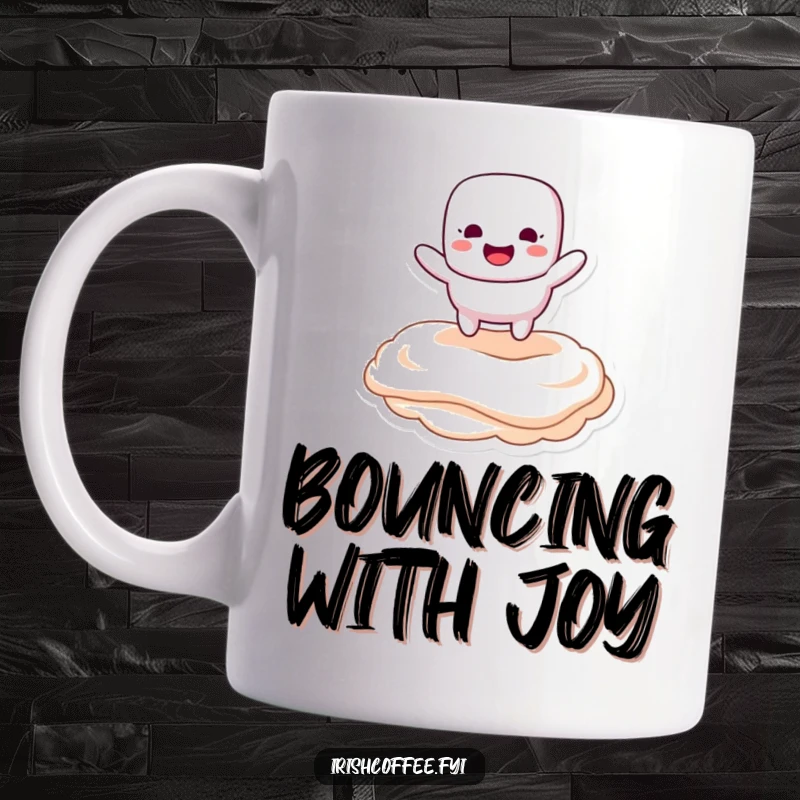 Funny mug featuring a marshmallow character happily bouncing on a swirl of creamy topping, radiating pure, sweet joy.