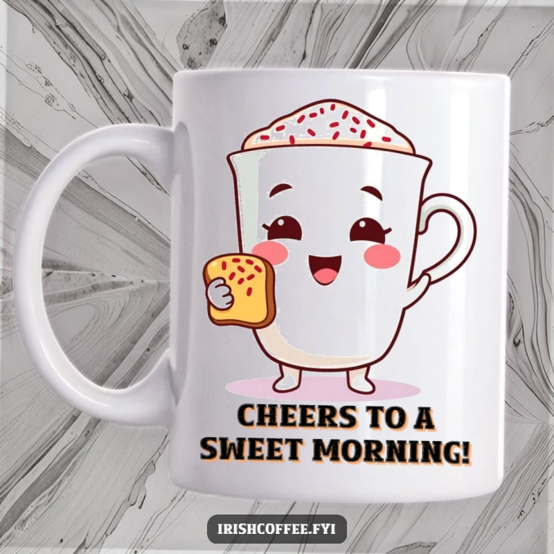 Funny coffee cup mug character cheerfully offering a toast with sprinkles, perfect for a celebratory and humorous gift.