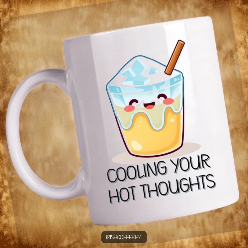 Funny coffee mug featuring a content melting ice cube relaxed in a warm beverage, embodying cozy tranquility.