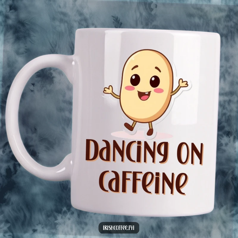 Funny coffee mug showcasing a jolly coffee bean character performing a lively tap dance, perfect for coffee lovers and morning energy.