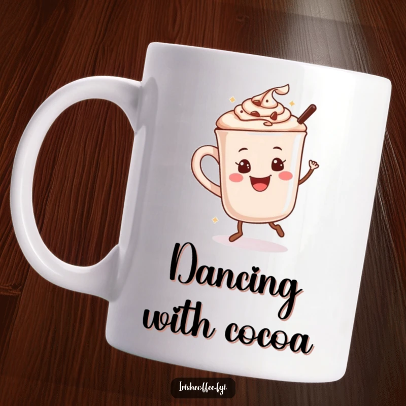 Funny mug with a smiling hot chocolate mug joyfully doing a happy dance, radiating cheer.