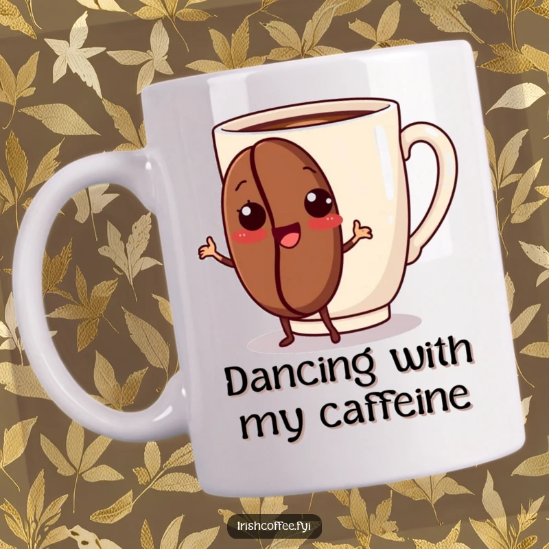 Funny coffee mug with a playful coffee bean character doing a happy dance next to a steaming mug, full of energy.