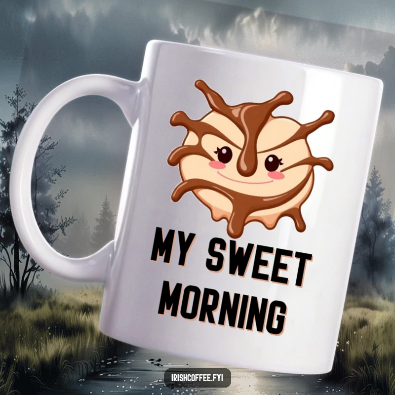 Funny mug with a cheerful chocolate sauce drizzle swirling playfully, a sweet gift for dessert lovers.