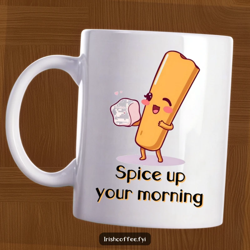 Funny mug illustration of a happy cinnamon stick winking playfully while precariously balancing a sugar cube, full of zest.