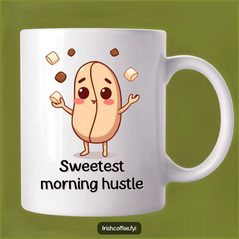 Funny Coffee Bean Mug: Curious Character Juggles Sugar Cubes, Perfect Funny Gift!