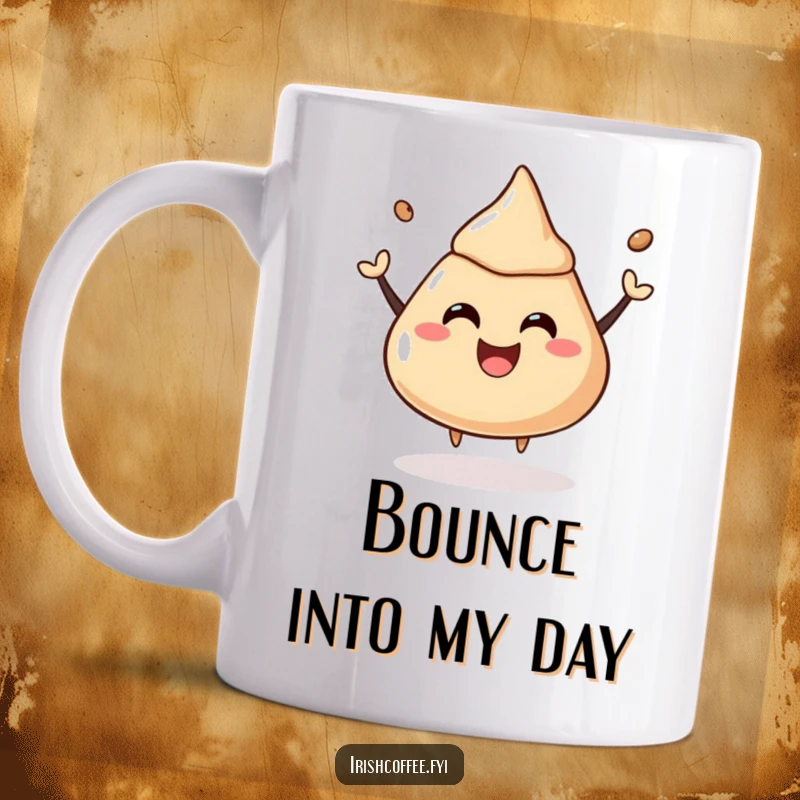 Funny mug with a coffee liquor dollop joyfully bouncing, exuding pure happiness and energy.