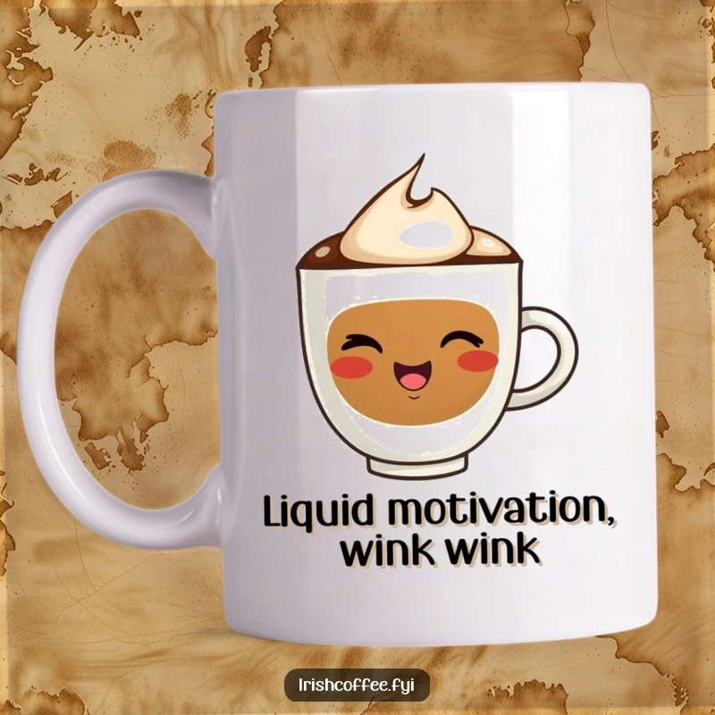 Funny coffee mug featuring a happy, smiling coffee cup character winking playfully, ready to start the day with a joke.