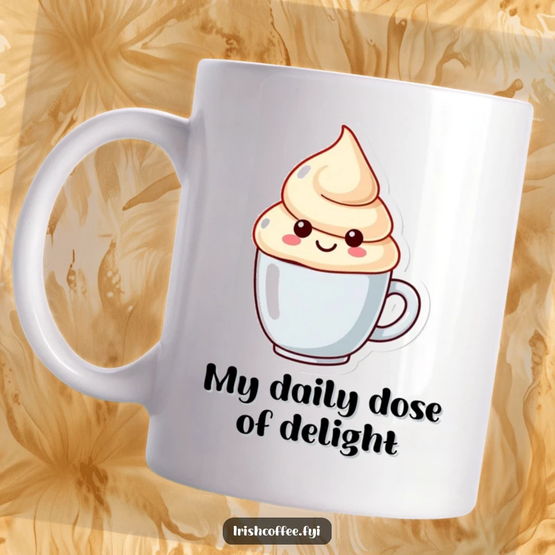 Funny mug featuring a smiling, swirly cream dollop character joyfully holding a tiny mug, ready to serve up laughs.