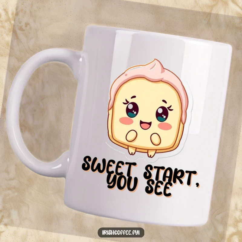 Funny mug featuring a delighted pastry shard joyfully bobbing, bringing sweet, baked-good humor to your beverage.