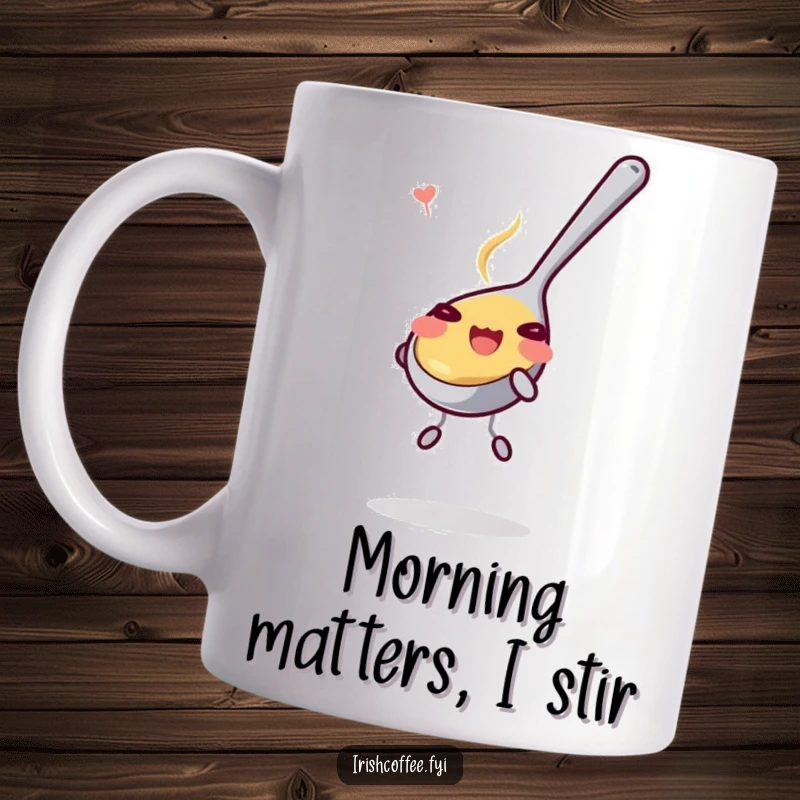 Funny Mug: A cheerful teaspoon gleefully stirring, radiating joy and playful energy. Perfect for adding humor to your morning routine.