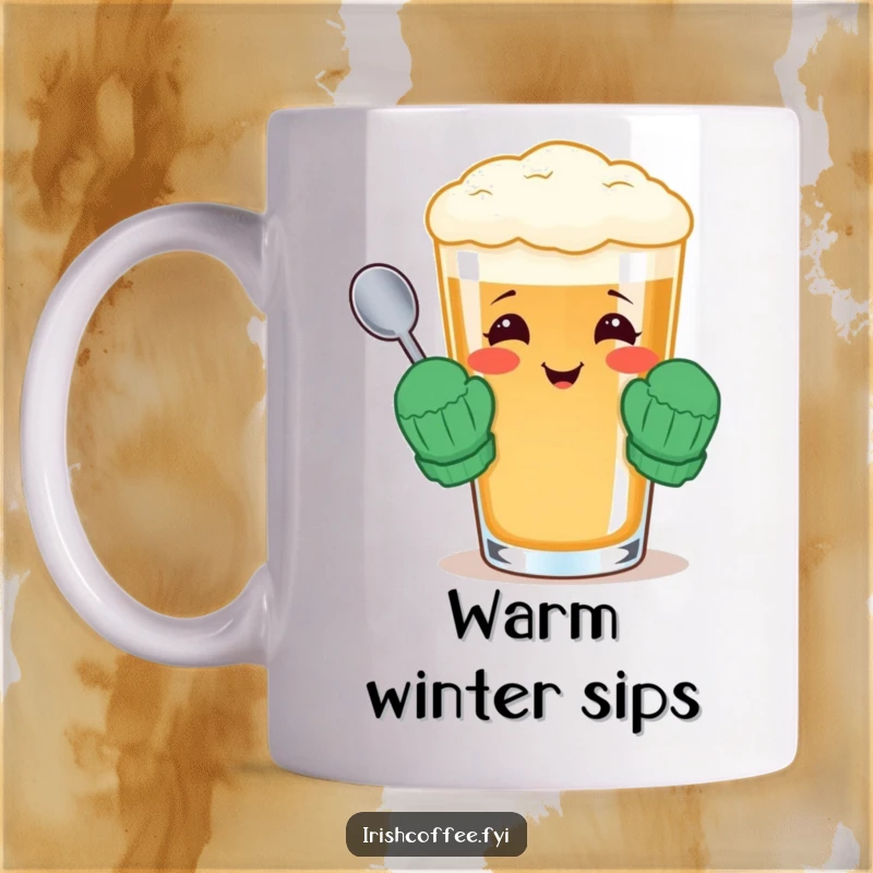 Funny mug featuring a cheerful Irish coffee glass wearing tiny mittens and holding a spoon, ready for warm drinks.