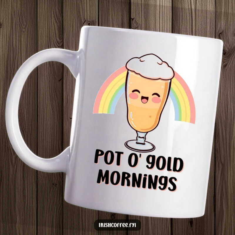 Funny Mug featuring a giggling Irish coffee glass sliding down a rainbow, full of magical cheer and spirited fun.