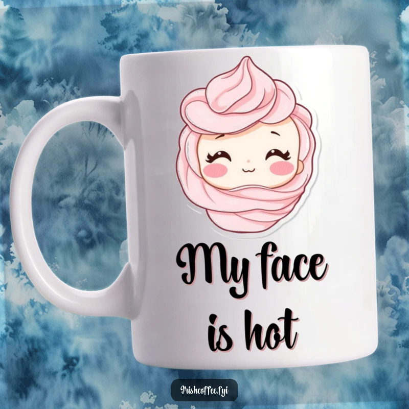 Funny mug featuring a shy whipped cream swirl character blushing sweetly, perfect for a cute and humorous gift.