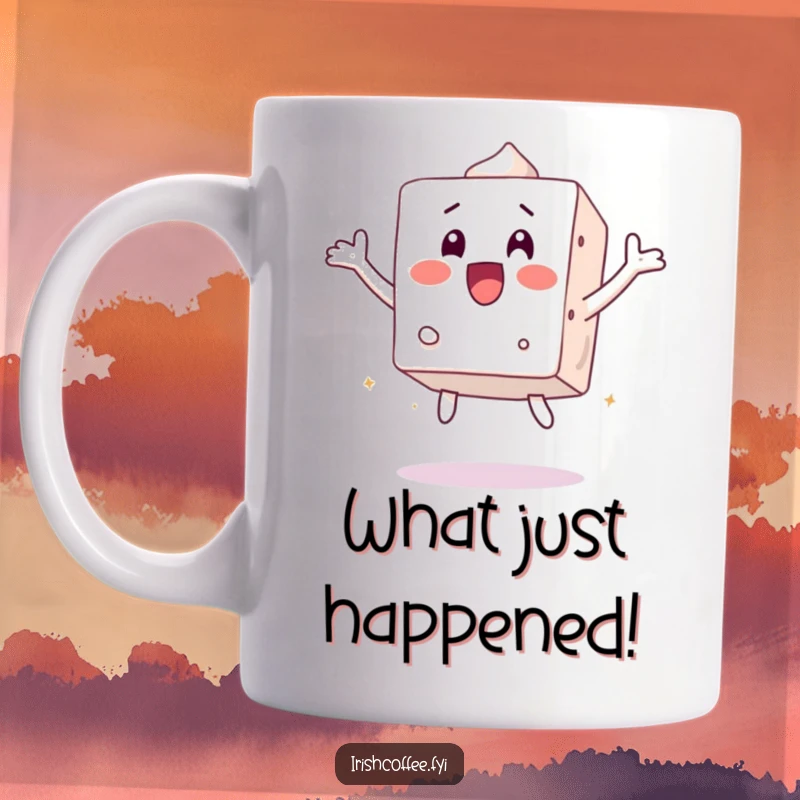 Funny mug depicting a surprised sugar cube character jumping in shock, perfect for a humorous and energetic gift.