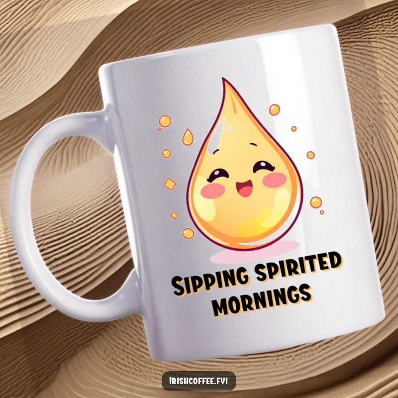 Funny blushing whiskey droplet character swirling with excitement on a mug, embodying spirited joy and fun.