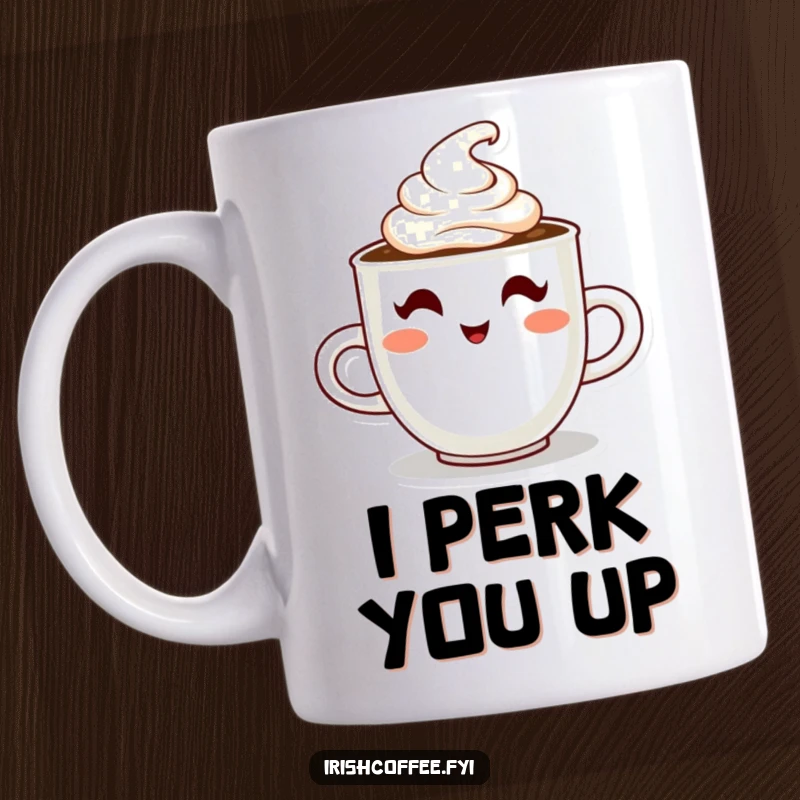 Funny mug featuring a steaming coffee cup character winking slyly with a dollop of cream, a playful morning brew companion.